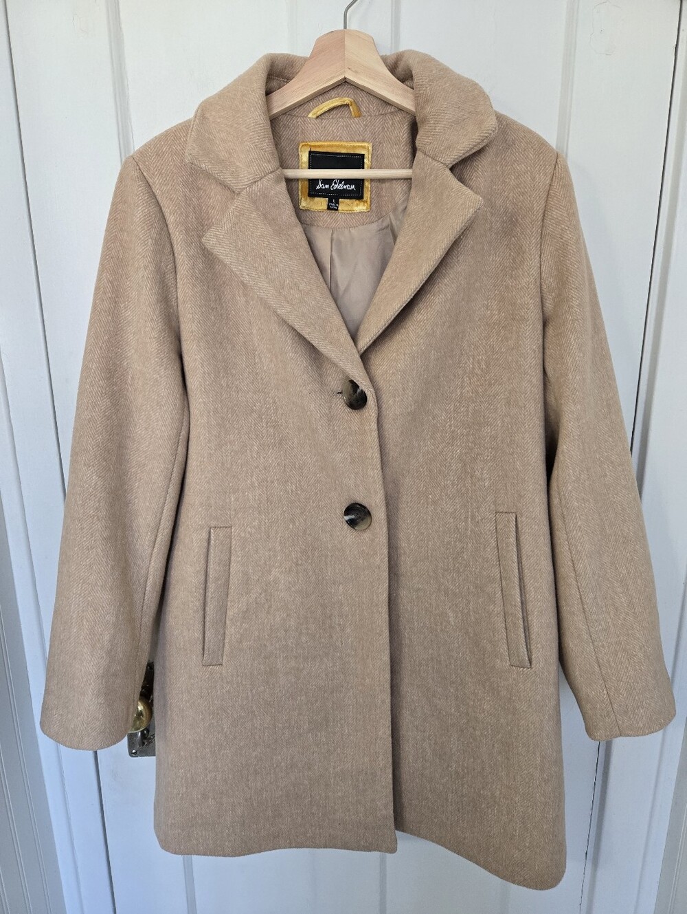 Sam Edelman Women's Camel Wool Blend Pea Coat Size L Notched Collar Long Length